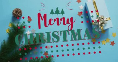 Mutlu Noel metin animasyonları, şenlikli dekorasyonlar ve mavi arka planda hediye kutusu. tatil, kutlama, hediyeler, kış, mevsimlik
