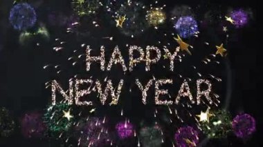 Yıldızlı ve siyah arka planda havai fişek animasyonlu mutlu yıllar metinleri. Kutlama, şenlik, selamlama, tatil