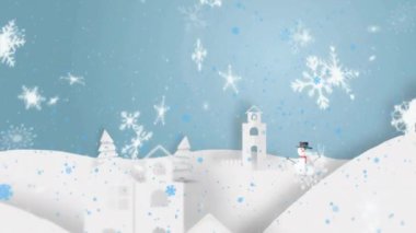Kar taneleri ve kardan adamla karlı arazide mutlu noel metinleri animasyonu. Tatil, kış, selamlama, şenlik, kutlama, kar yağışı