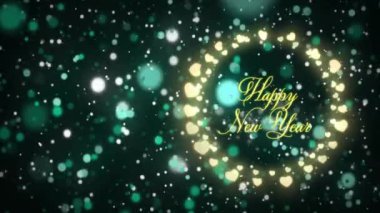 Yeni yılınız kutlu olsun. Kar tanelerinin üzerine parlayan kalplerle dolu bir metin animasyonu. Kutlama, bayram, bayram, selam, aşk, neşe