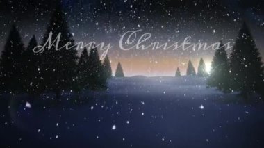 Çam ağaçlarıyla kaplı karlı kış manzarasında mutlu noel metinleri animasyonu. Tatil, şenlik, kutlama, selamlama, Aralık, sezon