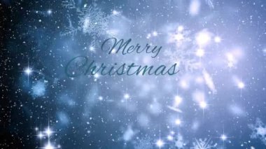 Mavi arka planda kar taneleri üzerine Mutlu Noeller mesajı. Noel, gelenek ve kutlama konsepti dijital olarak oluşturuldu.