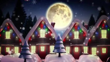 Noel süslemeleri ve Noel kızağı animasyonu gece karlı köyün üzerinde. tatil, şenlik, kış