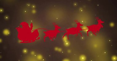 Sarı noktalar üzerinde Noel Baba 'nın kızakta canlandırması. Noel, kutlama ve dijital arayüz kavramı dijital olarak oluşturulmuş video.