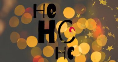 Ho Ho Ho, neşeli Bokeh ışıkları ve yıldızları üzerine animasyon mesajı attı. Noel, bayram, kutlama, dekorasyon, neşeli, selamlama