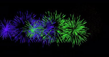 Siyah arka planda yeşil ve mavi patlamaları olan renkli havai fişek animasyonu. Kutlama, festival, gece, maytap