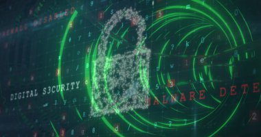 Güvenlik kalkanı ve siber güvenlik teknolojisi üzerinde kusursuz desenli neon yeşil dairesel tünel. Siber güvenlik ve küresel ağ teknolojisi kavramı