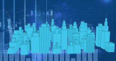 Mavi arkaplanda veri işleme üzerinden dijital şehrin görüntüsü. küresel teknoloji, bilgisayar ve dijital arayüz kavramı, dijital olarak oluşturulmuş resim.
