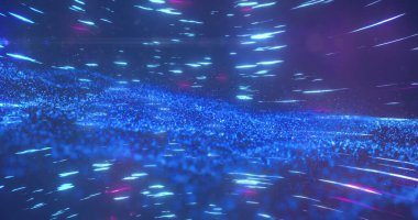 Dalgalar oluşturan mavi noktalar ve döngü içinde dönen parlak çizgiler. Dijital olarak üretilen, illüstrasyon, hologram, soyut, sanat, tasarım, fütürist ve teknoloji kavramı.