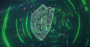 Güvenlik asma kilit ikonu ve siber güvenlik veri işleme sistemi kusursuz bir şekilde parlayan tünele karşı. Siber güvenlik ve iş teknolojisi kavramı