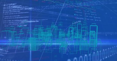 Mavi arkaplanda veri işleme üzerinden dijital şehrin görüntüsü. küresel teknoloji, bilgisayar ve dijital arayüz kavramı, dijital olarak oluşturulmuş resim.