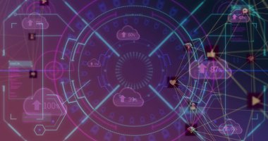 Çizgiler, sayılar ve oklarla bulutlara bağlanan dijital profil simgelerinin resmi. Dijital olarak üretilmiş, çoklu pozlama, veri, telekomünikasyon, internet, fütürist ve teknoloji.