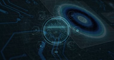 Veri işleme üzerine simgelerle bağlantı ağının resmi. Küresel iş ve dijital arayüz kavramı, dijital olarak oluşturulmuş görüntü.