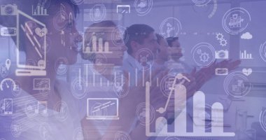 Çeşitli iş adamları üzerinde dijital simge ağı görüntüsü. küresel iş, finans, ağ ve dijital arayüz kavramı, dijital olarak oluşturulmuş görüntü.