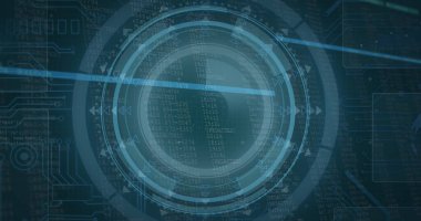 Mavi arkaplanda veri işleme resmi. Küresel iş ve dijital arayüz kavramı, dijital olarak oluşturulmuş görüntü.