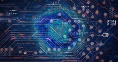 Bağlantı ağı üzerinden veri işleme resmi. Küresel iş ve dijital arayüz kavramı, dijital olarak oluşturulmuş görüntü.