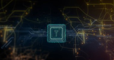 Siyah arkaplan üzerinde veri işleme resmi. Küresel teknoloji ve dijital arayüz kavramı, dijital olarak oluşturulmuş görüntü.