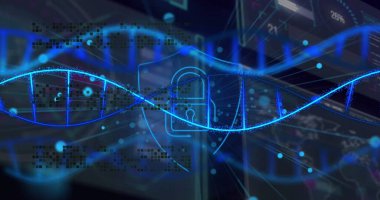 Asma kilit üzerinde veri işleme görüntüsü. Küresel iş ve dijital arayüz kavramı, dijital olarak oluşturulmuş görüntü.