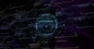 Bilgisayar devre kartı ile siber güvenlik metni, veri işleme ve kapsam görüntüsü. Küresel çevrimiçi güvenlik, bilgisayar ve veri işleme kavramı, dijital olarak oluşturulmuş resim.