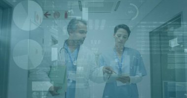 Hastanede yürüyen çeşitli kadın ve erkek doktorların grafikleri ve verileri. tıp, sağlık, ekonomi ve teknoloji kavramı. ,.