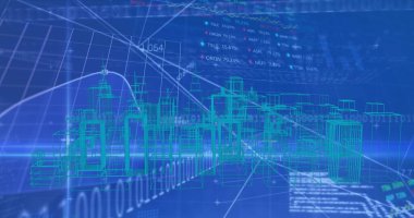 Mavi arkaplanda veri işleme üzerinden dijital şehrin görüntüsü. küresel teknoloji, bilgisayar ve dijital arayüz kavramı, dijital olarak oluşturulmuş resim.