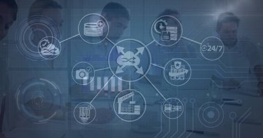 Yeşil dijital ekranda çeşitli iş arkadaşlarının ve teknik simgelerin görüntüsü. Ağ, bağlantılar, iletişim ve teknoloji konsepti, dijital olarak oluşturulmuş resim.