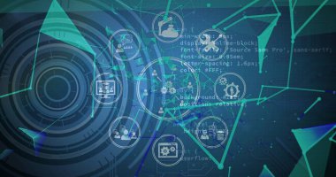 Yeşil dijital ekranda teknik simgelerin ve bağlantıların resmi. Ağ, bağlantılar, iletişim ve teknoloji konsepti, dijital olarak oluşturulmuş resim.