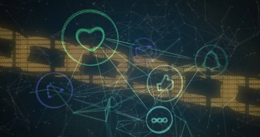 Mavi arkaplana karşı güvenlik zinciri simgesi üzerinde dijital simgeler ağı. Siber güvenlik ve küresel ağ teknolojisi kavramı