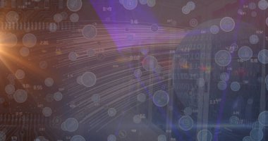 Donanma arka planında simgeler, küre ve ışık. küresel ağ, veri işleme ve teknoloji konsepti, dijital olarak oluşturulmuş görüntü.