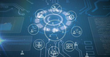 Mavi dijital ekranda teknik simgeler ve anakart görüntüsü. Ağ, bağlantılar, iletişim ve teknoloji konsepti, dijital olarak oluşturulmuş resim.