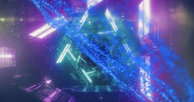 Işıklandırılmış üçgen şekillerin dönüşümlü ve mavi noktaların çizgi oluşturması. Dijital olarak üretilen, illüstrasyon, hologram, soyut, sanat, tasarım ve teknoloji kavramı.