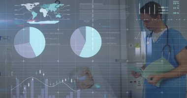 Kafkas erkek doktor ve kıdemli hasta üzerindeki mali grafikler. sağlık, ilaç, finans ve ekonomi konsepti, dijital olarak üretilen imaj.