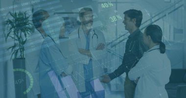 Muayene sırasında çeşitli kadın ve erkek doktorların grafikleri ve verileri. tıp, sağlık, ekonomi ve teknoloji kavramı. ,.