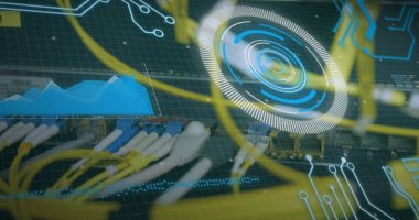 Bilgisayar kabloları üzerinden veri işleme görüntüsü. Bilgisayar kablolarını kontrol eden beyaz kadın üzerinden veri işleme görüntüsü.