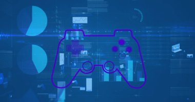 Mavi arkaplanda veri işleme üzerine gamepad simgesi resmi. küresel teknoloji, bilgisayar ve dijital arayüz kavramı, dijital olarak oluşturulmuş resim.
