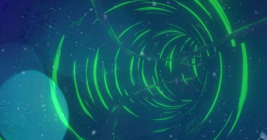 Dijital kar yağışı görüntüsü ve soyut arkaplana karşı neon yeşil döngü tüneli. Dijital olarak üretilen, illüstrasyon, hologram, soyut, sanat, tasarım ve teknoloji kavramı.