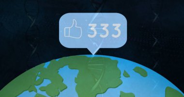 DNA yapısına karşı dünya çapında artan sayıda konuşma baloncuğu görüntüsü. Dijital bileşik, küresel iletişim, sosyal medya, teknoloji, bulut hesaplama, veri, büyüme.