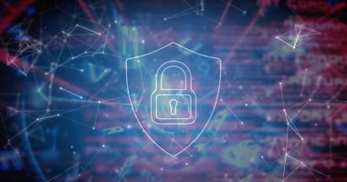 Bağlantılar ve veriler üzerinde asma kilit olan dijital kalkan görüntüsü. Veri güvenliği, dijital güvenlik, küresel ağ ve teknoloji konsepti, dijital olarak oluşturulmuş görüntü.