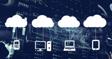 Siyah arkaplanda dünya haritasında bulut simgeleri ve veri işleme resimleri. Küresel iş, bilgisayar ve dijital arayüz kavramı, dijital olarak oluşturulmuş resim.