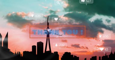 Image of thank you text and media icons over cityscape. social media and communication interface concept, digitally generated image. clipart