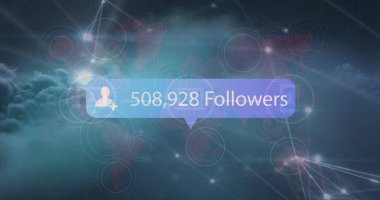 Image of number of followers increasing over connecting the dots, circles against clouds. Digital composite, global communication, social media, technology, cloud computing, data, growth. clipart