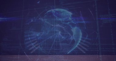 Donanma dijital uzayındaki küresel görüntü, şekiller ve bağlantılar. Veri işleme, küresel ağ ve teknoloji konsepti, dijital olarak oluşturulmuş görüntü.