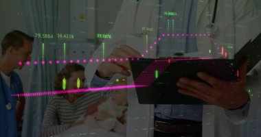 Image of financial graphs over midsection of caucasian male doctor. health, medicine, finance and economy concept, digitally generated image. clipart