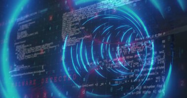 Işık yolları ve siber güvenlik verilerinin kusursuz bir şekilde parlayan tünelde işlenmesi. Siber güvenlik ve iş teknolojisi kavramı