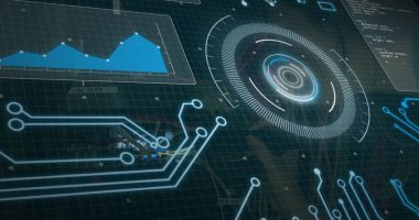 Dijital ekranda veri işleme resmi. veri işleme, ağ, teknoloji ve dijital arayüz kavramı, dijital olarak oluşturulmuş resim.