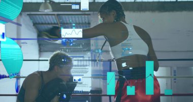 Beden eğitiminde boks yapan farklı insanların veri işleme görüntüsü. Küresel spor, bilgisayar ve dijital arayüz kavramı, dijital olarak oluşturulmuş resim.