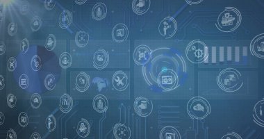 Yeşil dijital ekranda teknik simgeler ve ana kart görüntüsü. Ağ, bağlantılar, iletişim ve teknoloji konsepti, dijital olarak oluşturulmuş resim.