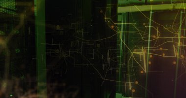 Sunucu odasında veri işleme resmi. Küresel teknoloji ve dijital arayüz kavramı, dijital olarak oluşturulmuş görüntü.