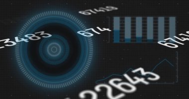 Sayıların görüntüsü, dijital arayüzde hud işleme ile grafik. Dijital bileşik, yapay zeka, iletişim, bulut hesaplama, teknoloji, finans, ekonomi.