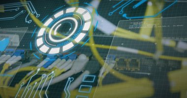 Bilgisayar kabloları üzerinden veri işleme görüntüsü. küresel ağ, bilgisayarlar, sunucular ve veri işleme konsepti, dijital olarak oluşturulmuş resim.